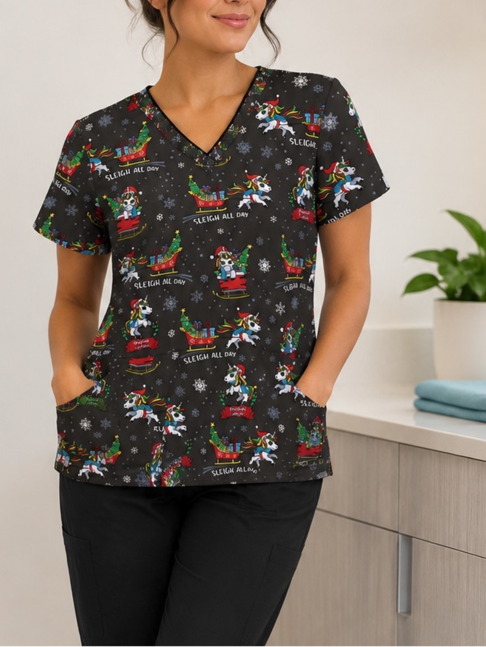 NWT Women’s Small Sleigh All Day Holiday Unicorn Dickies Scrub Top